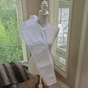 White Denim Jeans With Gold Accents And Zippers At Leg